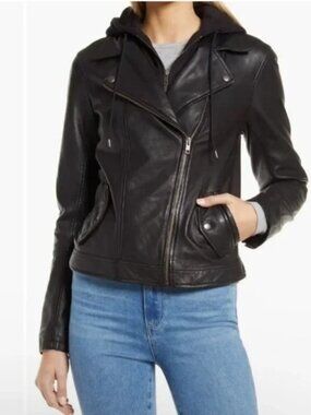 Caslon Black Leather Biker Jacket with removable Hoodie Sweater Sz: S
